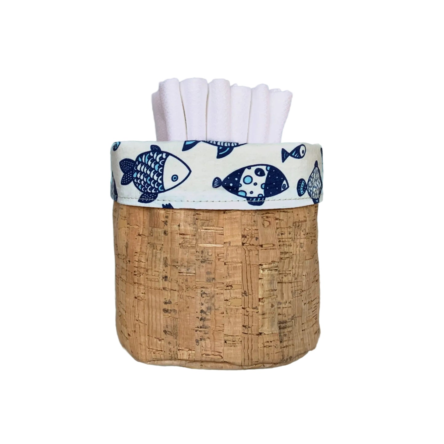 Handecloth Reversible Cork Basket with Nautical Blue and White Fish Fabric that has 6 Reusable Paper Towels Inside
