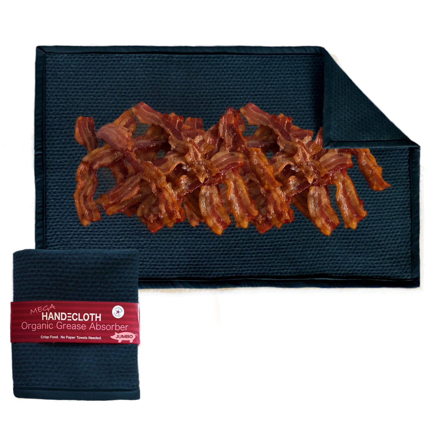 Black handecloth with organic grease absorbent pad for bacon on a white background