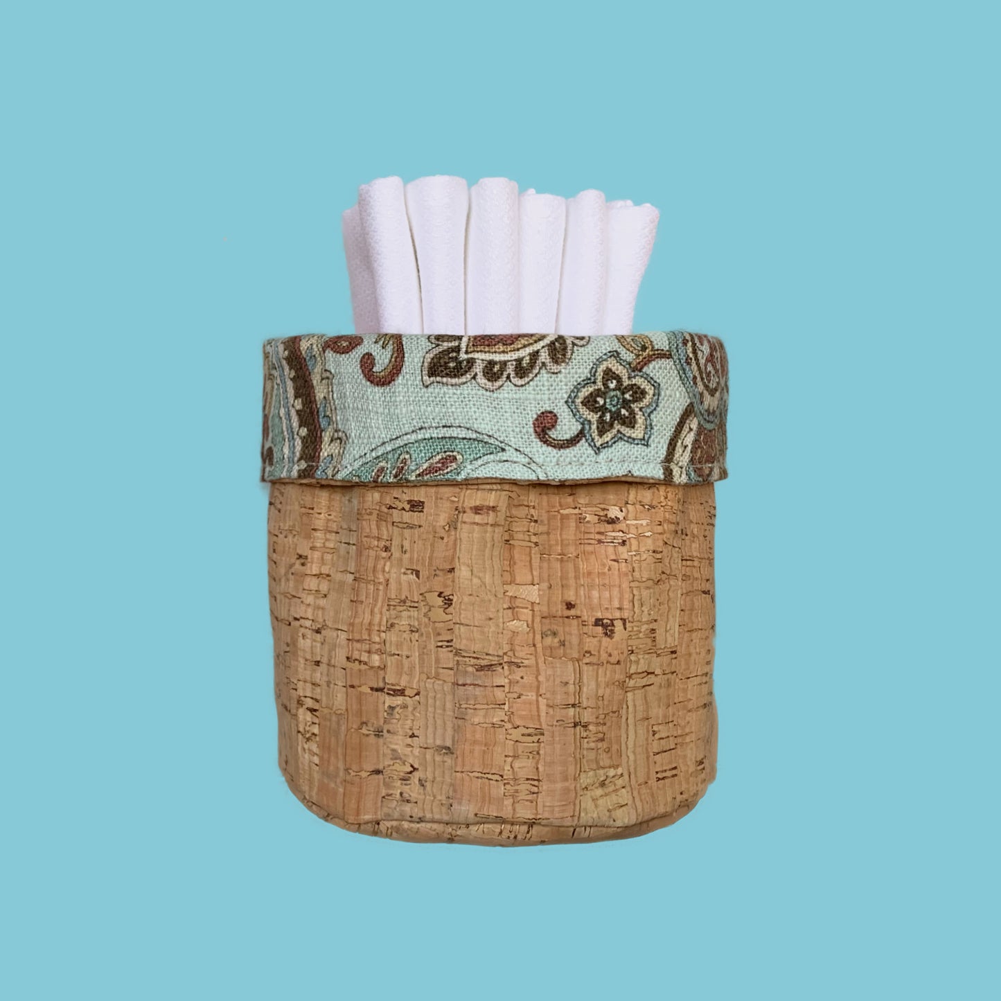 ReverisbleTeal and Brown Paisley Fabric Basket with Cork Fabric
