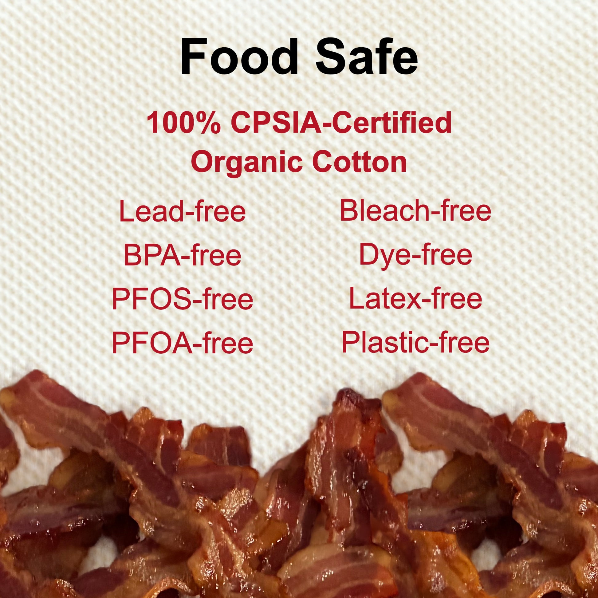 Bacon on Handecloth Grease Absorbing Mat with text about food-safe organic cotton on a textured background
