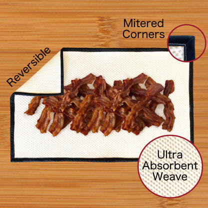 Bacon on a Mega Grease Absrobing Towel mat with text highlighting features like mitered corners and ultra-absorbent weave.