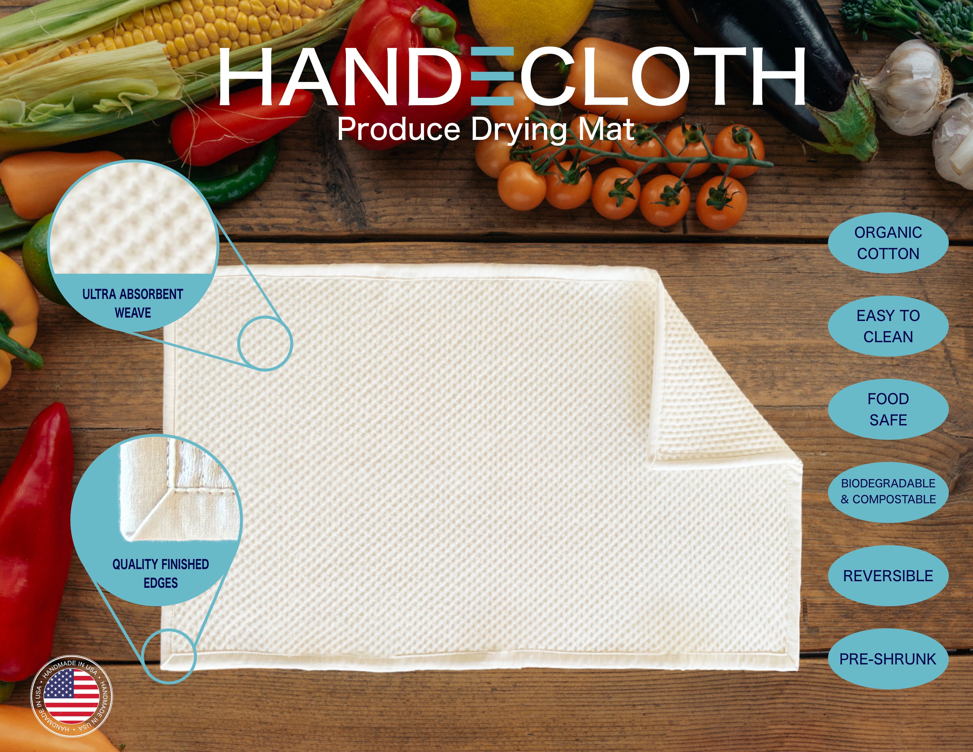 Handecloth Organic cotton produce drying mat with features on a wooden surface with vegetables.