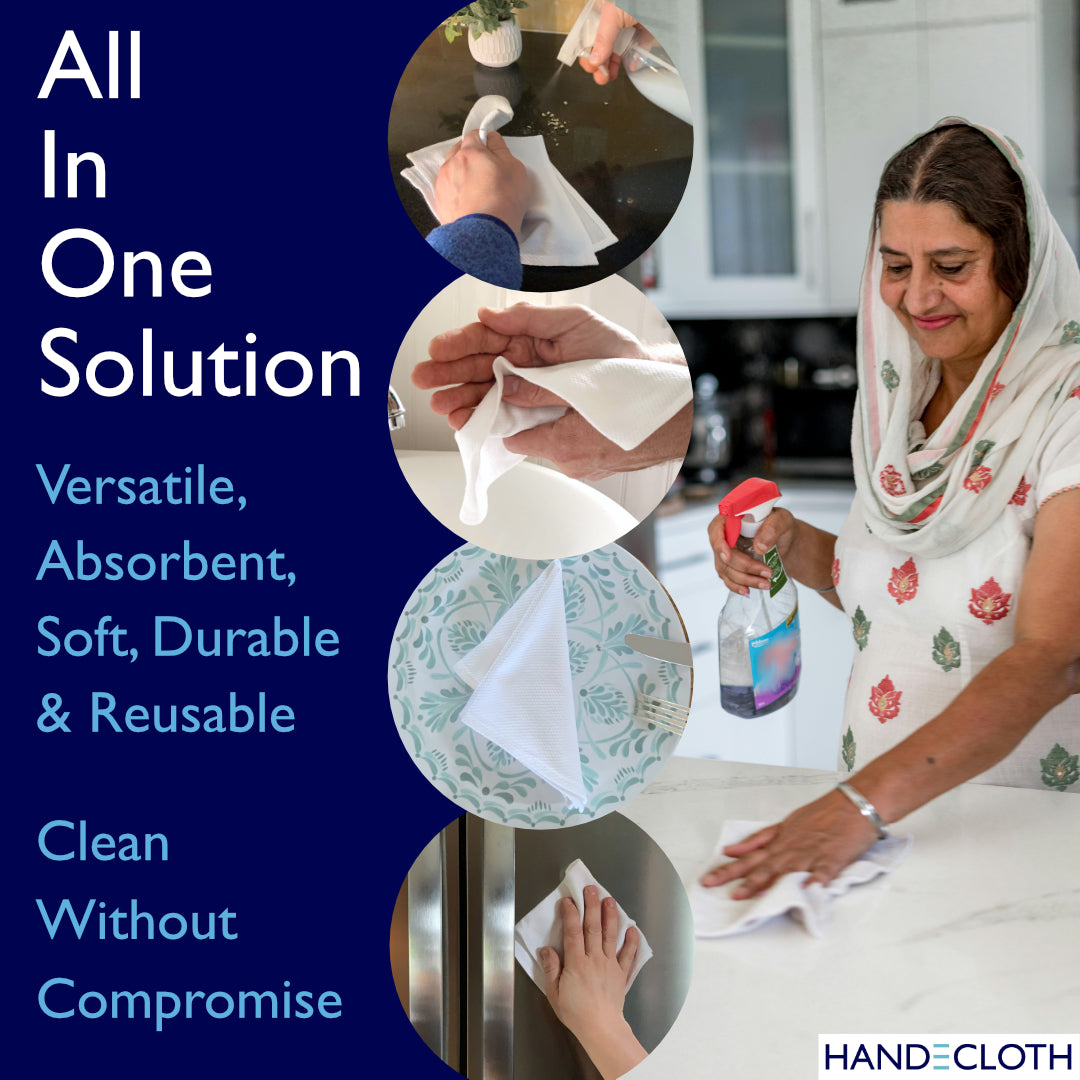 Handecloth Sustainable All in One Solution to replace the single-use paper towel for cleaning, wiping counters, drying hands, and napkins