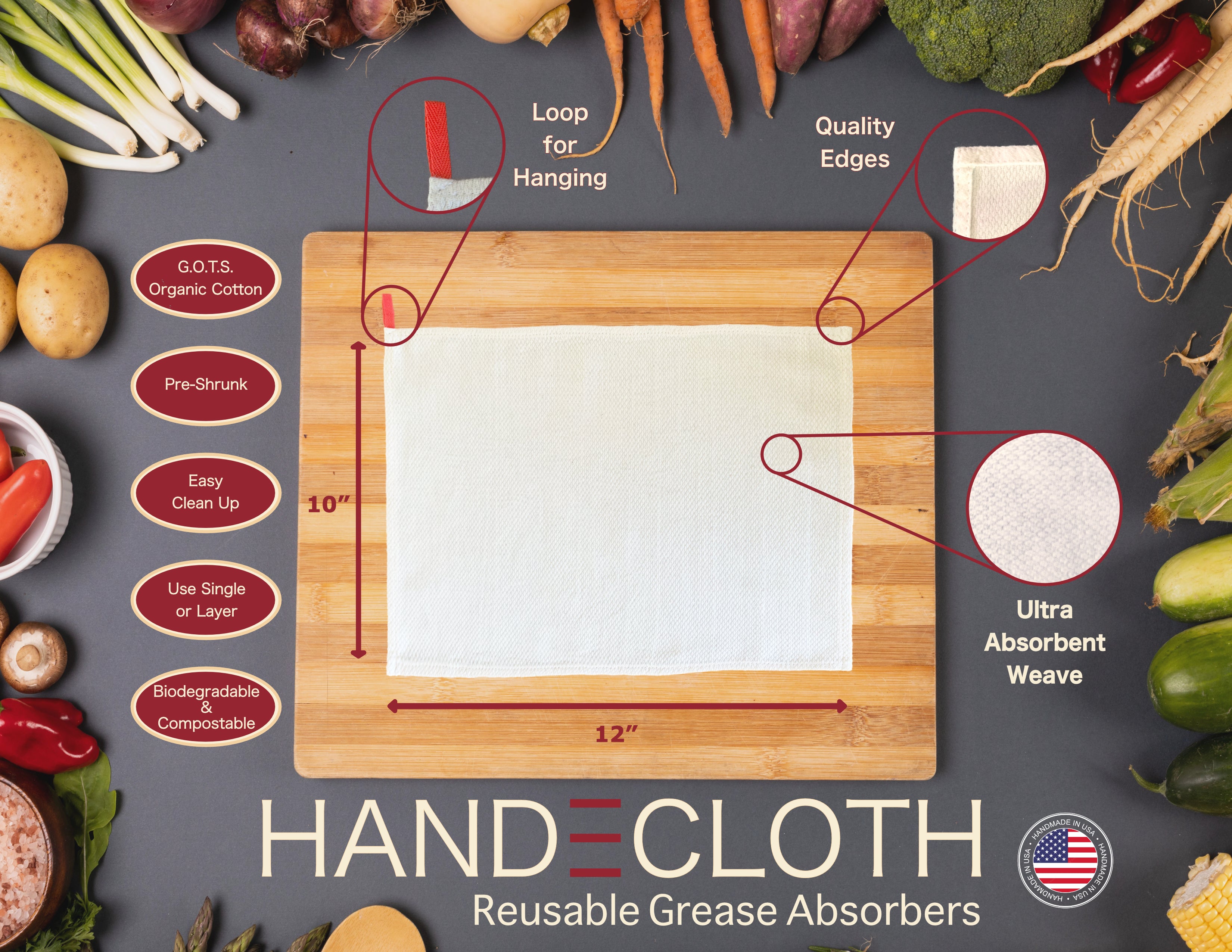 Diagram of Features for the Handecloth Reusable Grease absorbing cloths: preshurnk, easy to clean, GOTS Organic Cotton,  Biodegradable, ultra absorbent weave, loop for hanging 