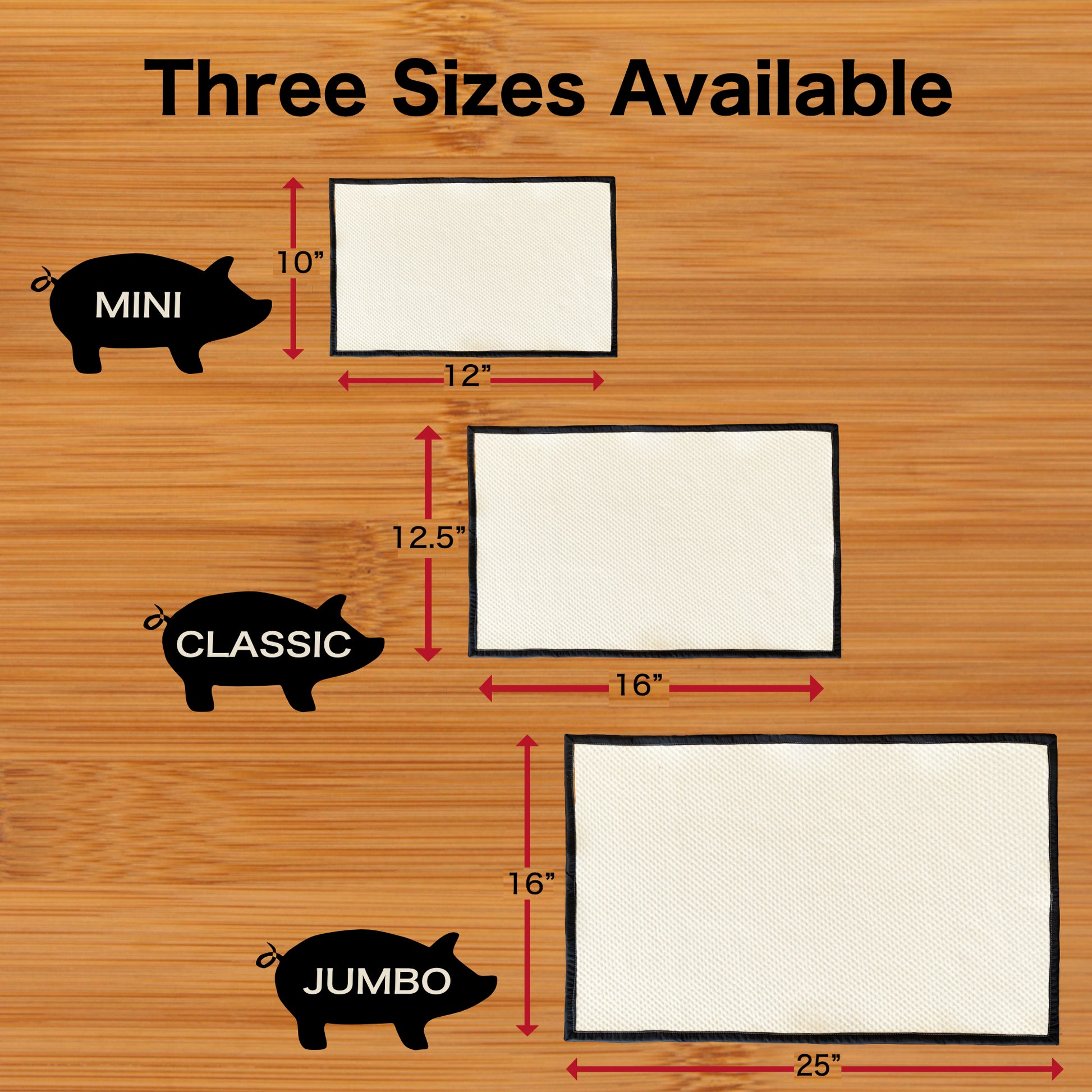 Diagram showing three size options of organic reusable grease absorber product with corresponding dimensions on a wooden background.