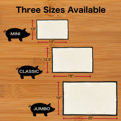 Diagram showing three size options of organic reusable grease absorber product with corresponding dimensions on a wooden background.
