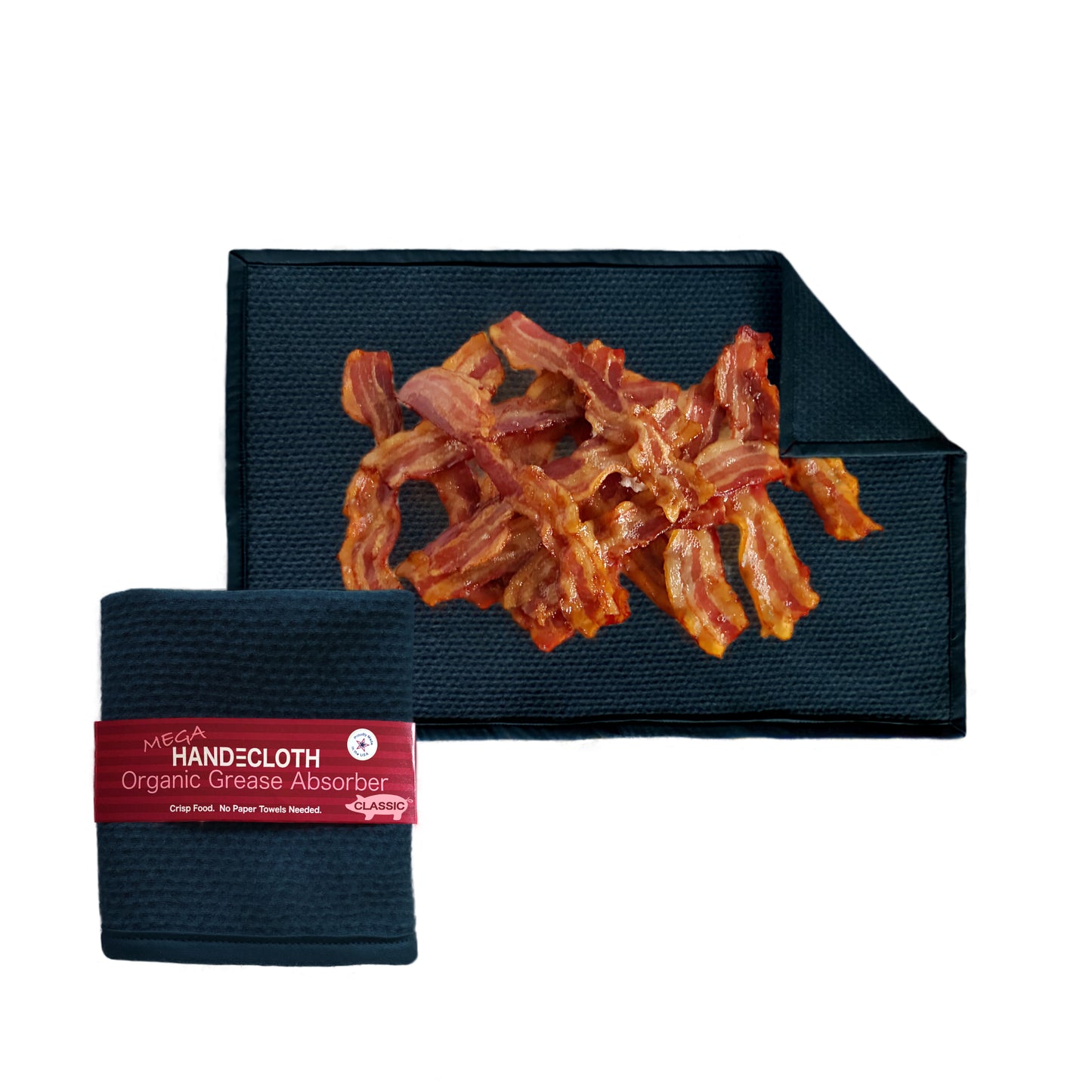 Black handcloth with bacon grease absorbed on a white background