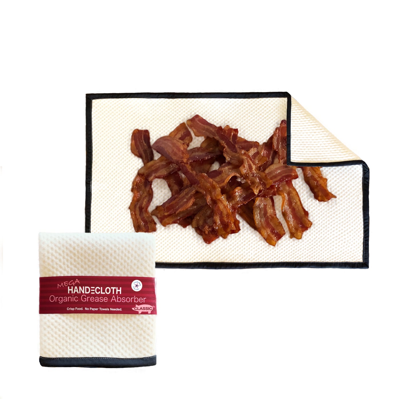 Handeckloth organic grease absorber with bacon on a white background
