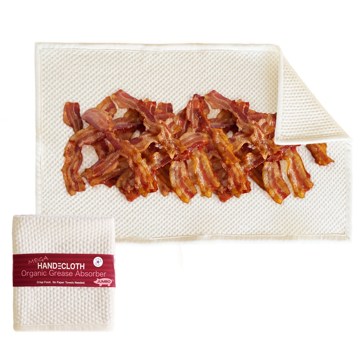 Hand-dried bacon on a grease-absorbing cloth with a visible brand label.