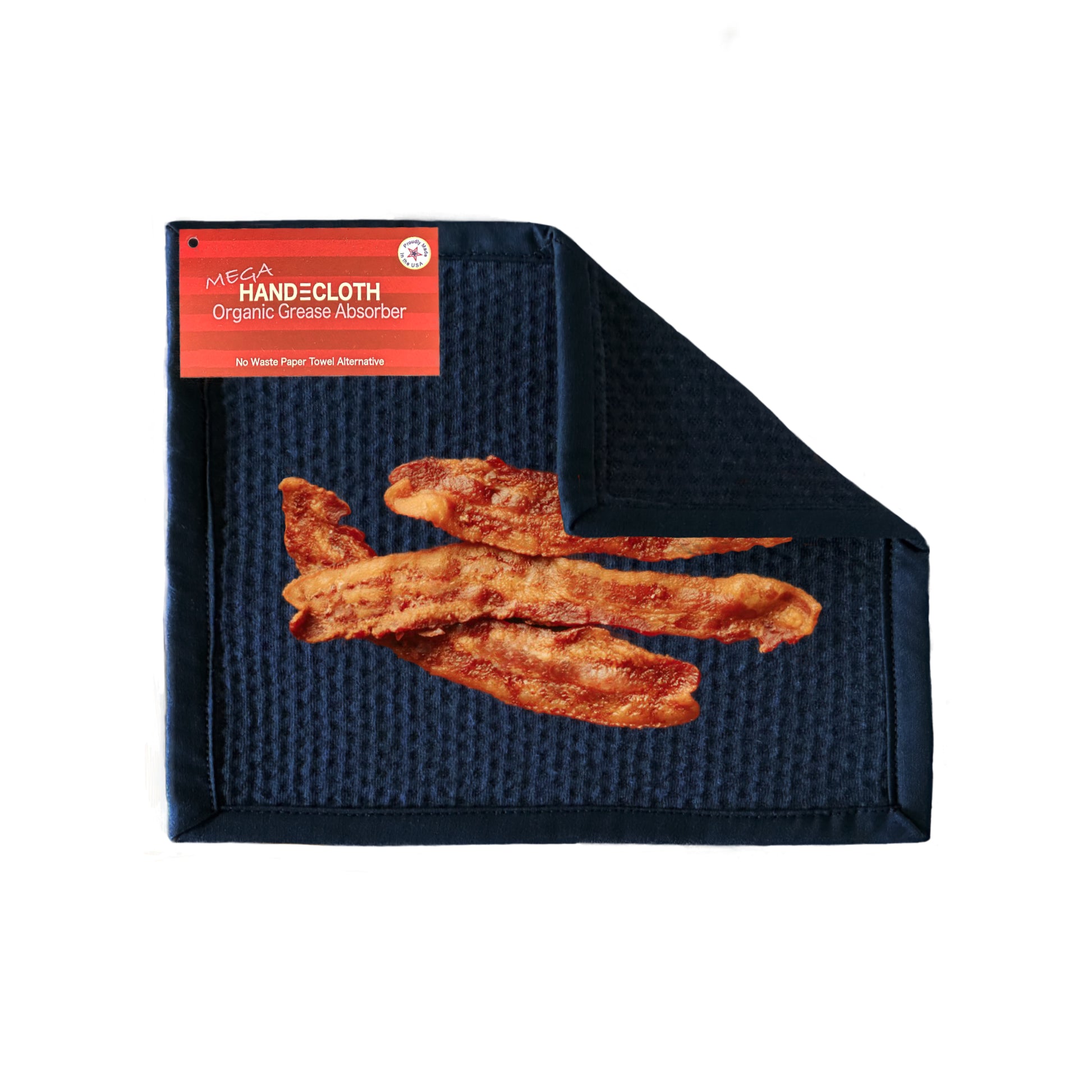 Black hand towel with organic grease absorber label and bacon illustration on a white background
