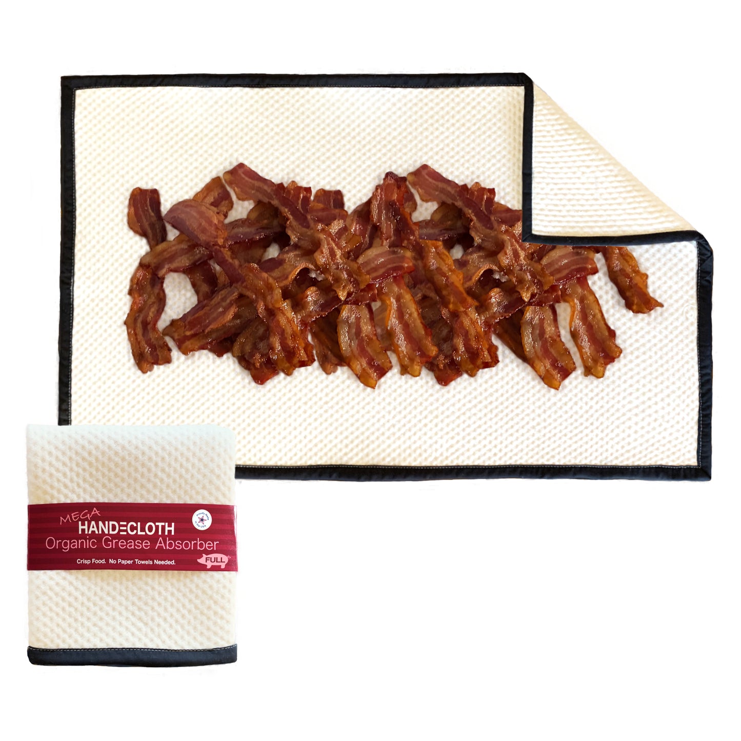 Handecloth organic grease absorber with bacon on a white background