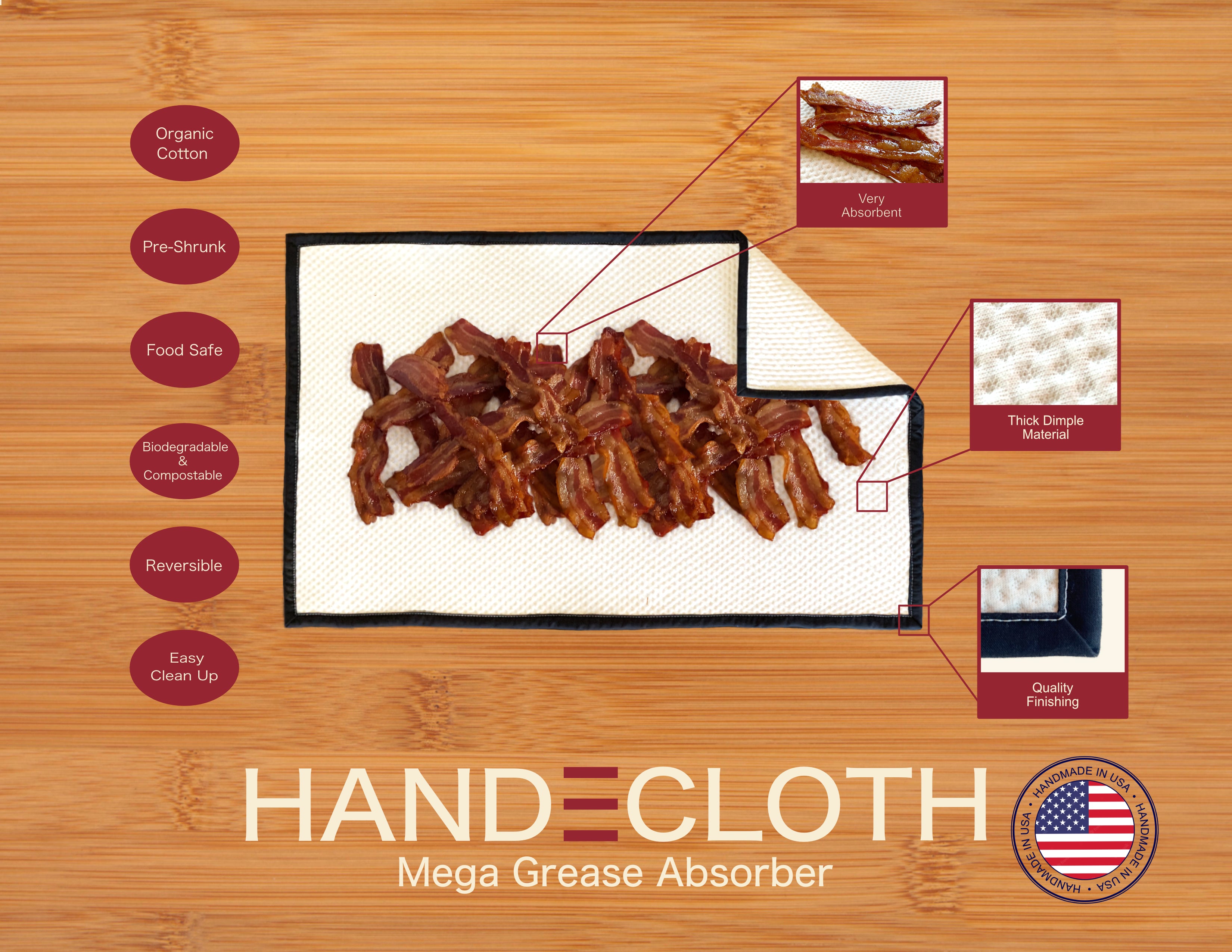 Handecloth mega grease absorber with features and branding on a wooden background