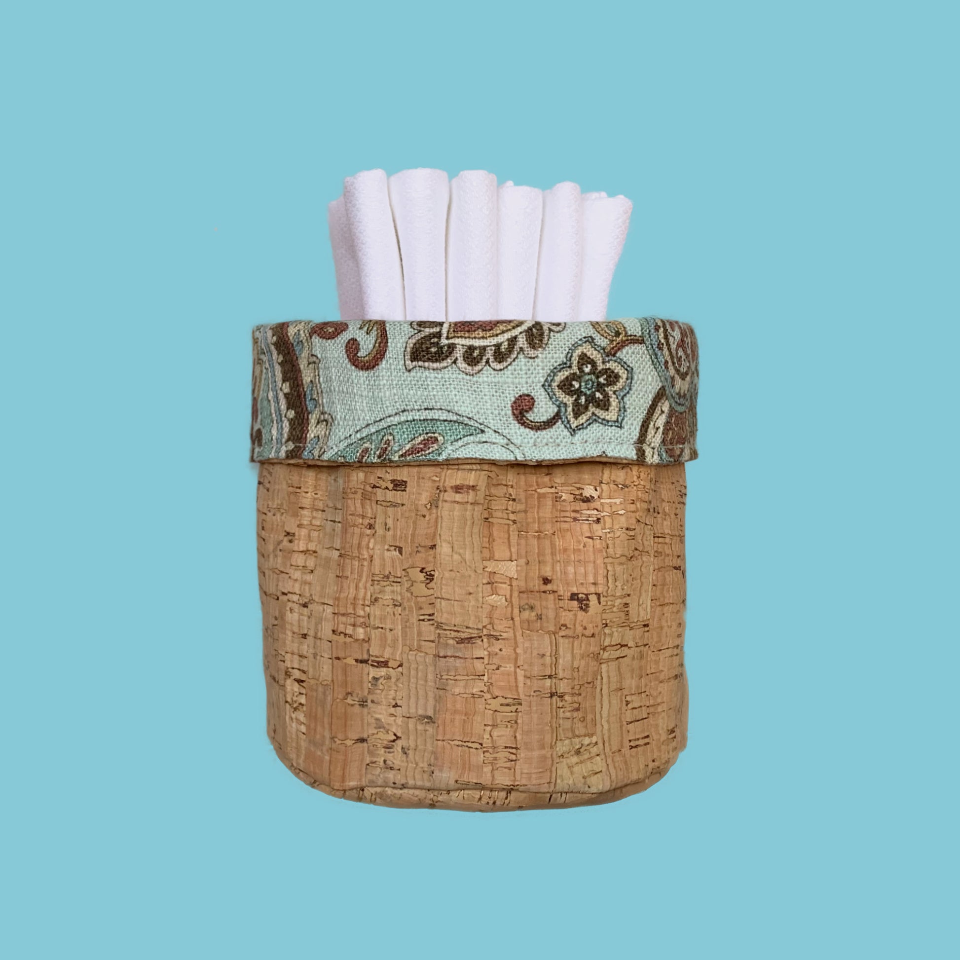 ReverisbleTeal and Brown Paisley Fabric Basket with Cork Fabric 