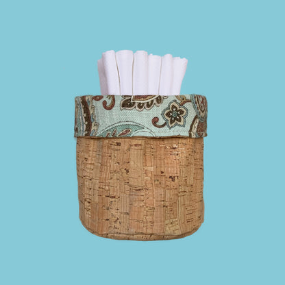 ReverisbleTeal and Brown Paisley Fabric Basket with Cork Fabric 