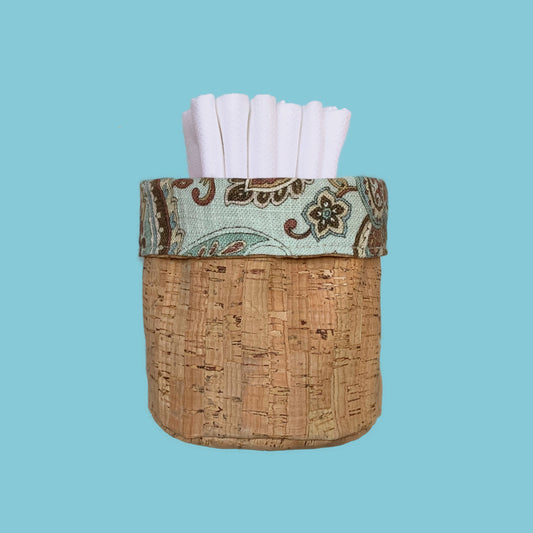 ReverisbleTeal and Brown Paisley Fabric Basket with Cork Fabric 